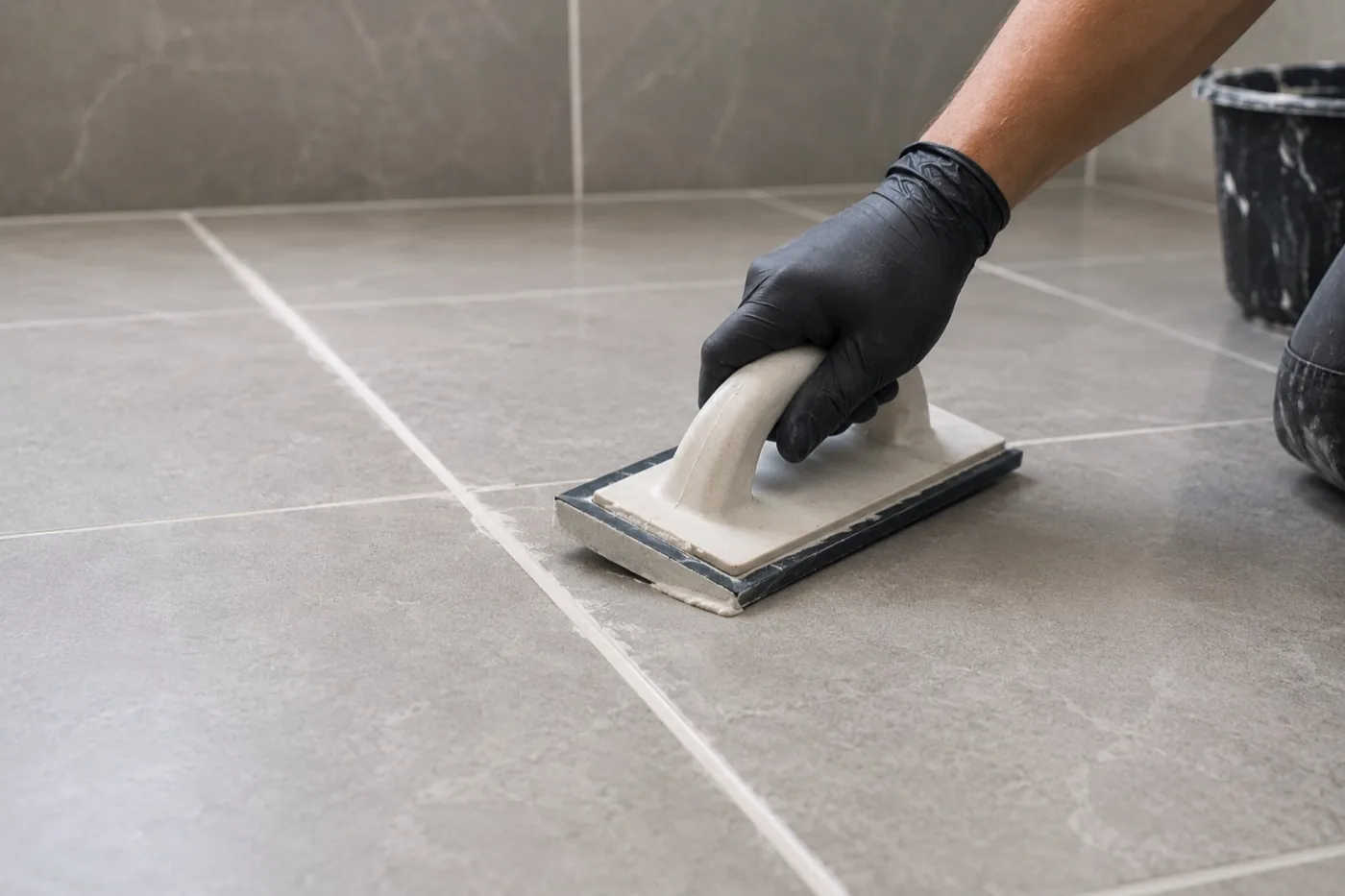 Fresh grout being finished between large-format floor tiles