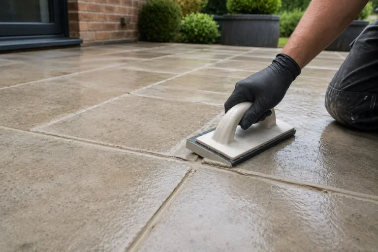 Exterior patio tiles being re-grouted and cleaned