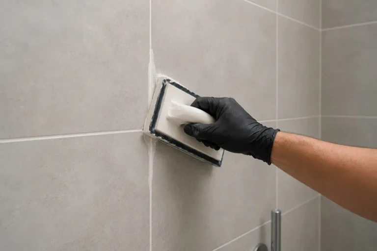 Fresh grout being finished on a tiled bathroom wall