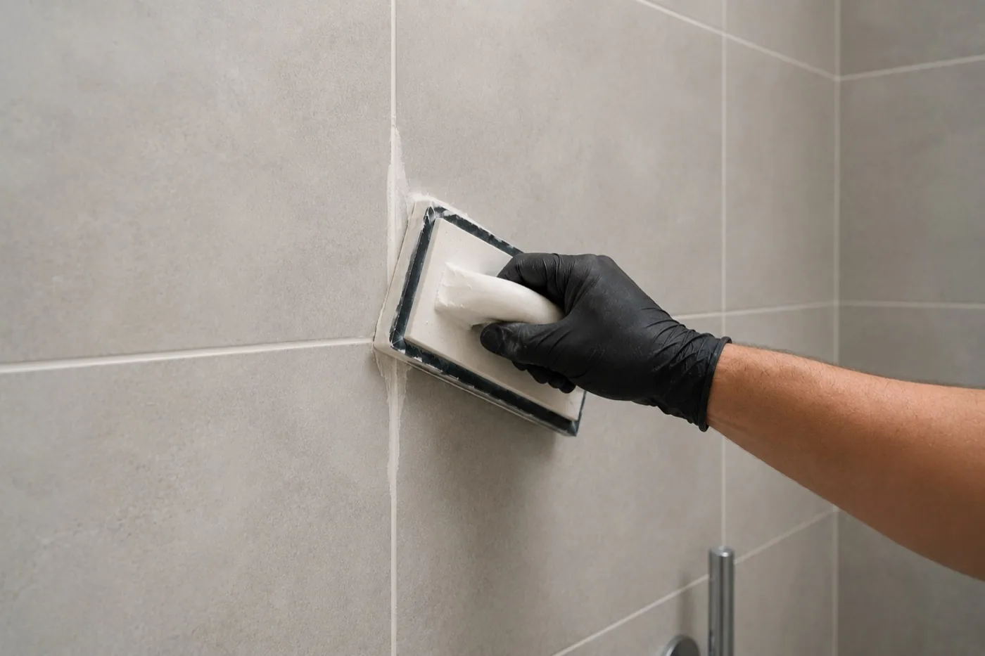 Fresh grout being finished on a tiled bathroom wall