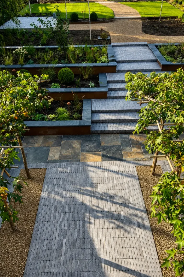 Tiled back garden pathway and planting beds
