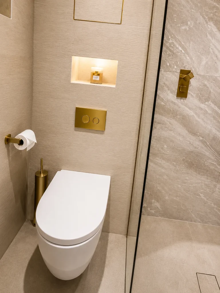 Bathroom tiling detail with brass flush plate, toilet holder and walk-in shower