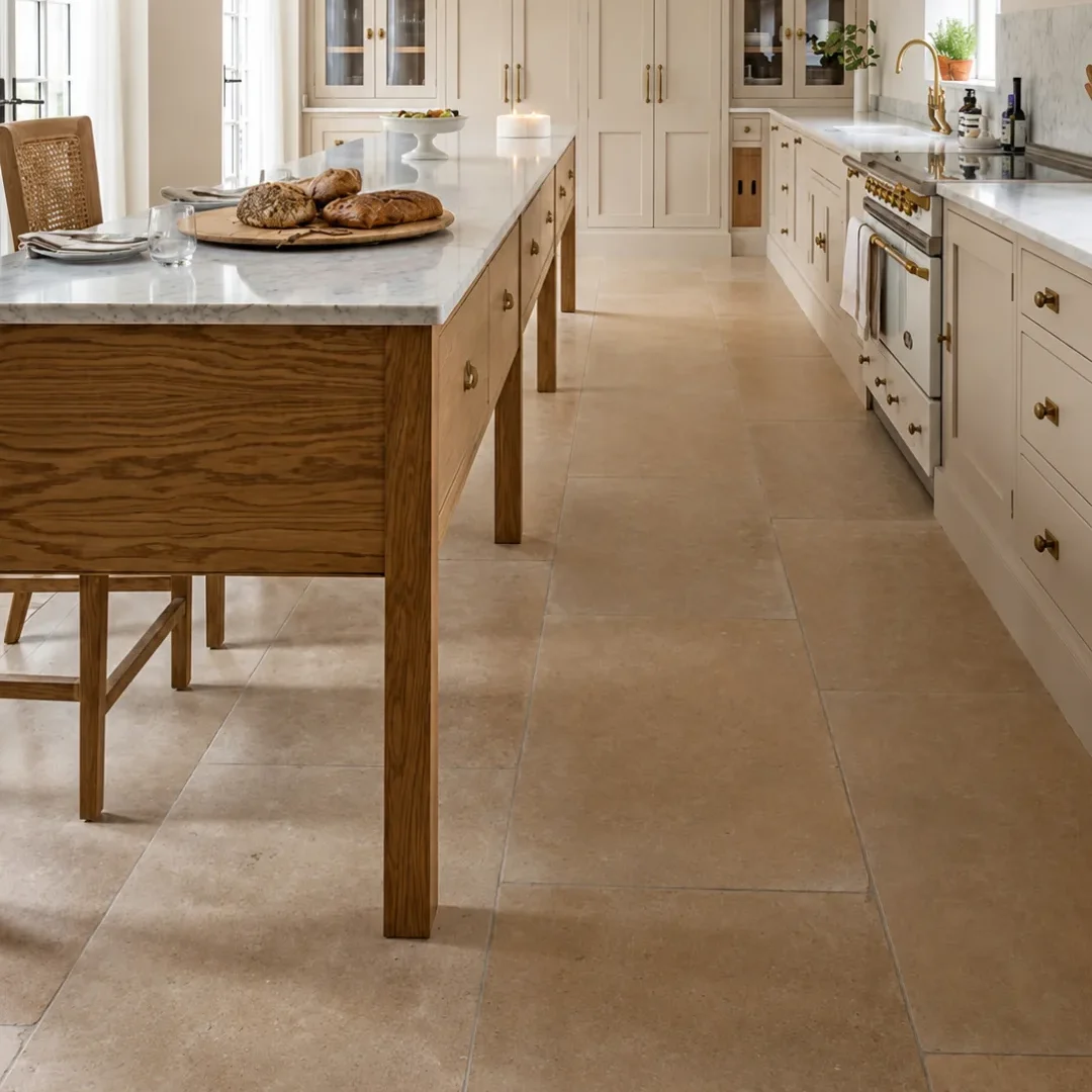Country kitchen tiling with limestone floor tiles, marble island and cream cabinetry