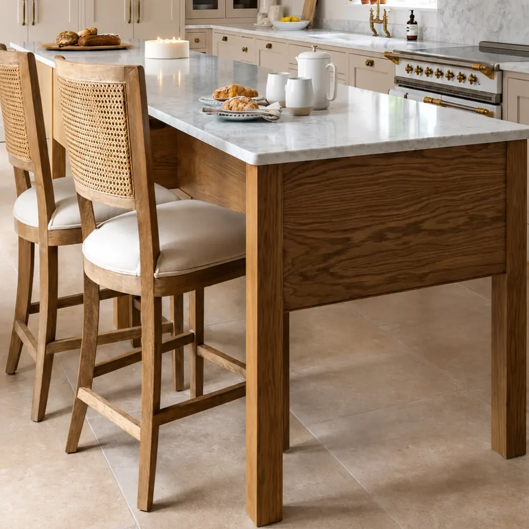 Kitchen tiling with marble island, limestone floor tiles and brass range cooker