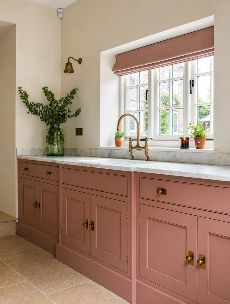 Kitchen tiling with pink cabinets, marble worktop and brass tap by a window