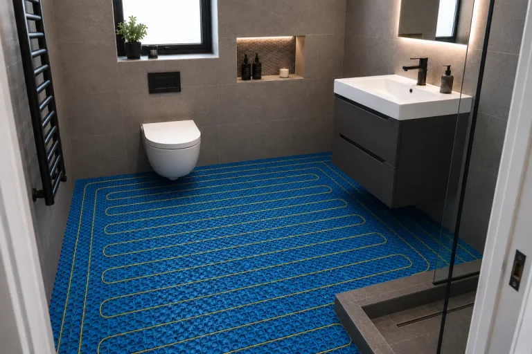 Bathroom underfloor heating installation with cables laid before tiling