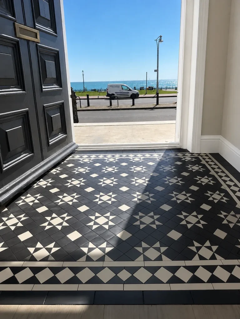 Original Victorian style black and white tiled entrance with sea view