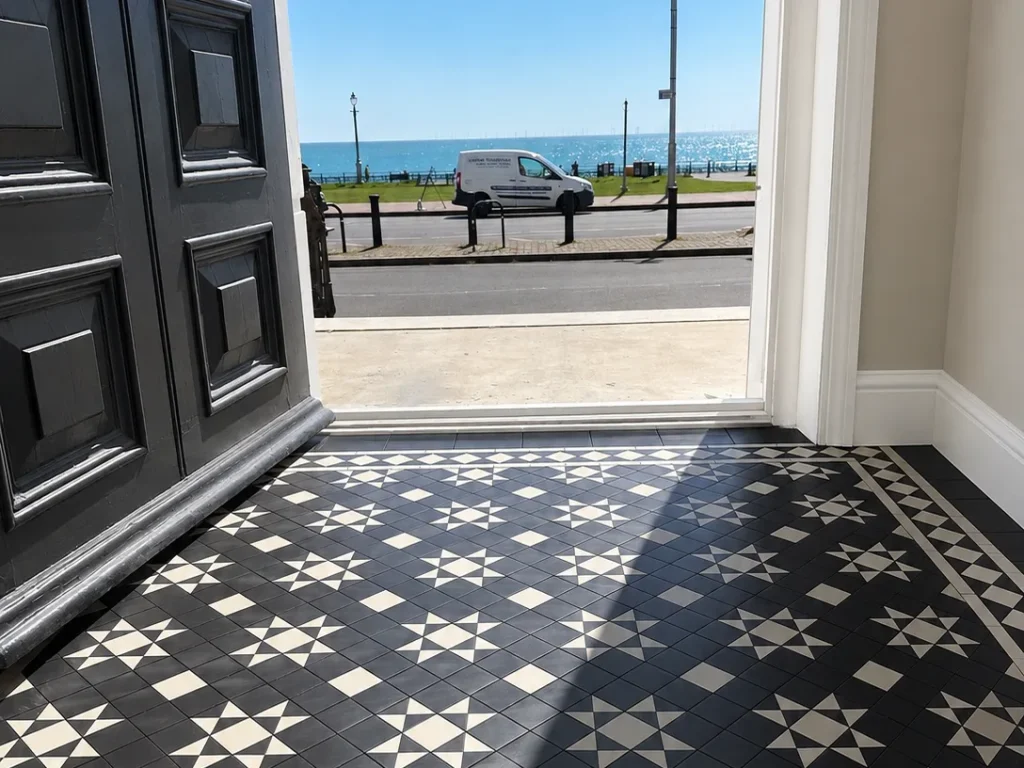 Original Victorian style tiled entrance with sea view