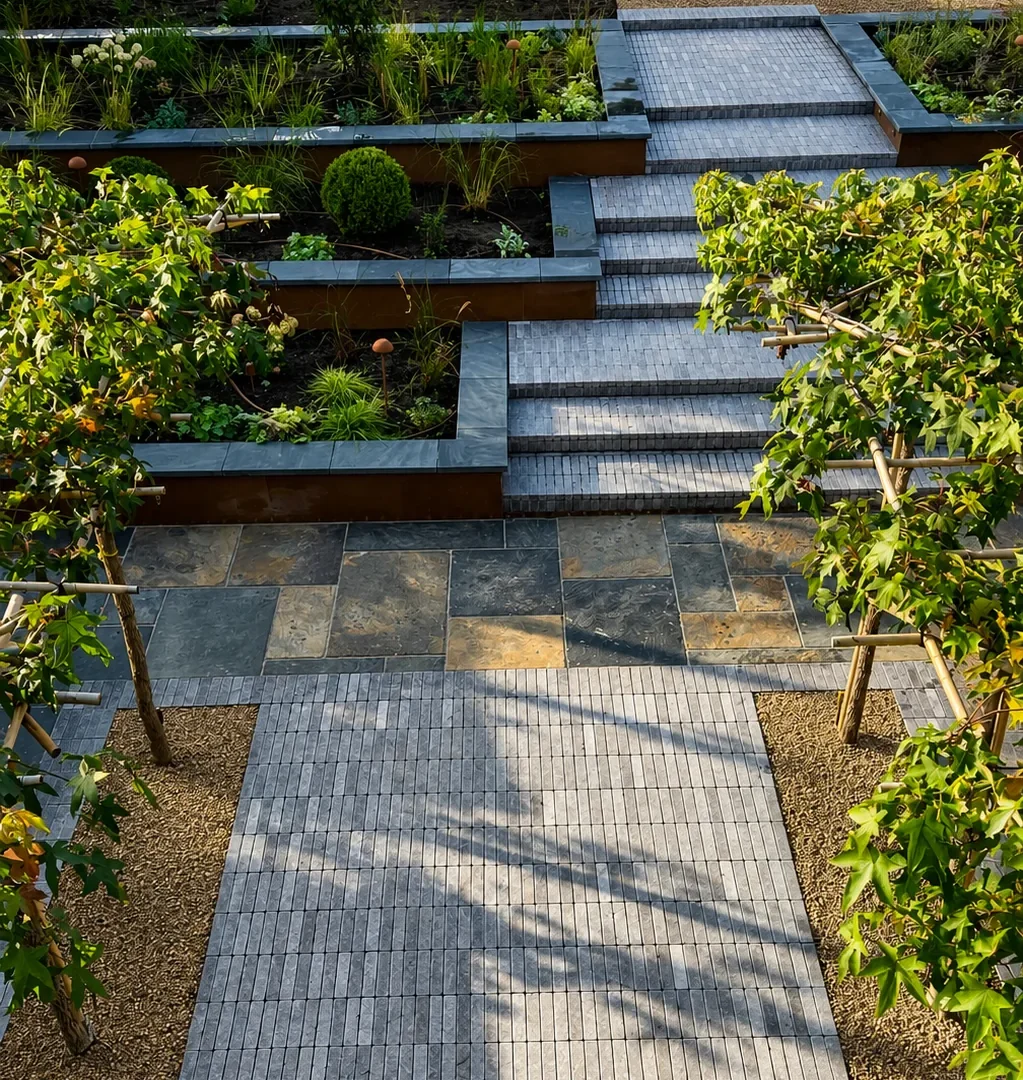 Tiled back garden pathway and planting beds