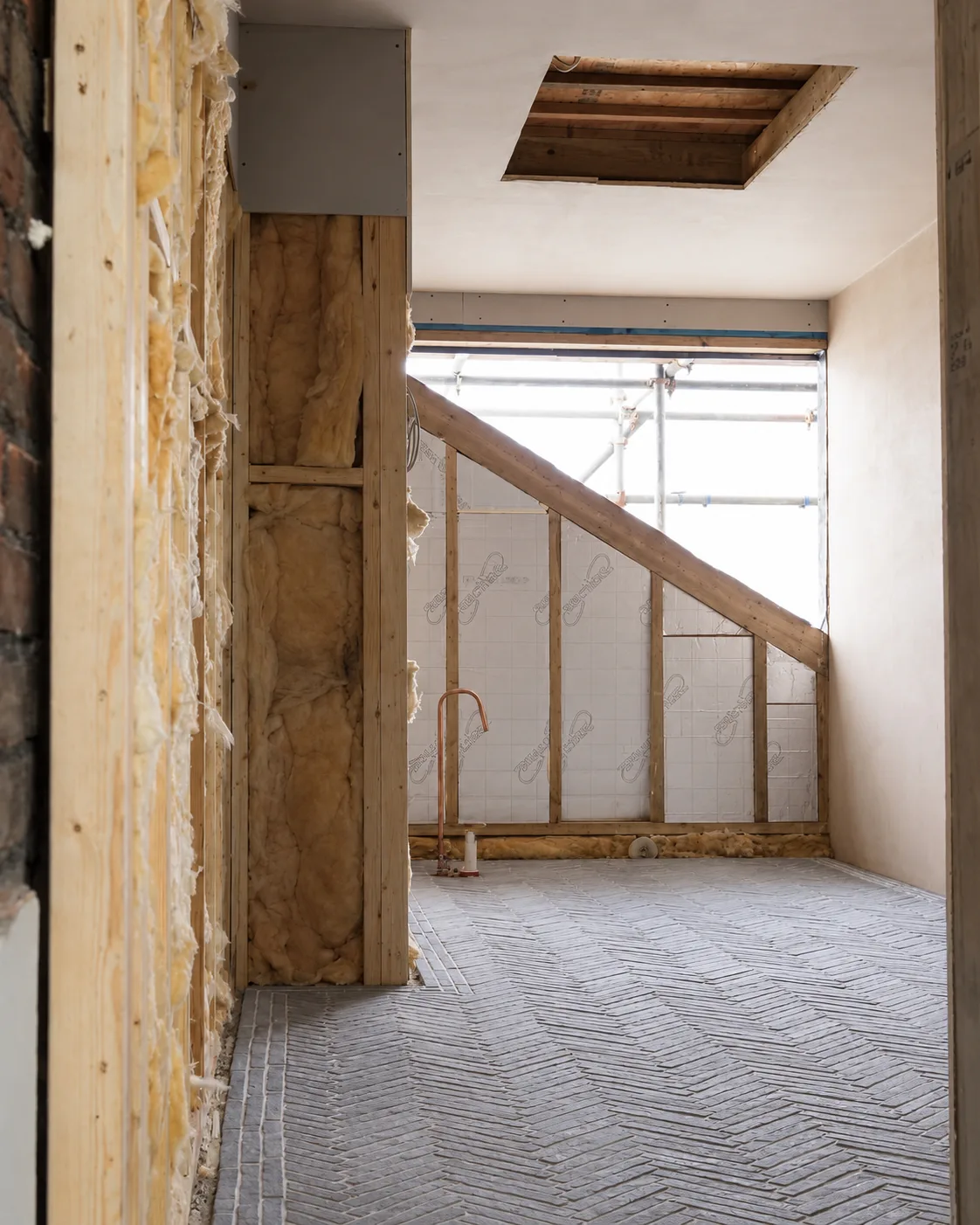 Before renovation view of the Chiswick en-suite with timber framing and prepared herringbone tiled floor.