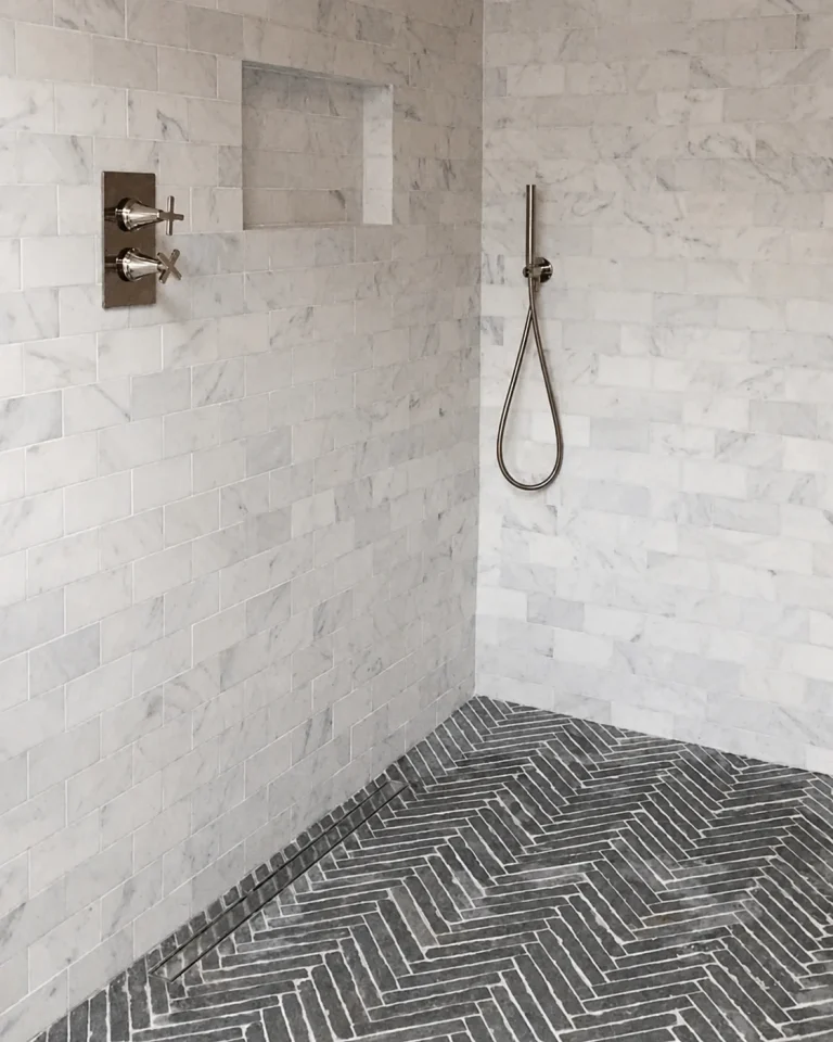 Chiswick en-suite walk-in shower with marble wall tiles and grey herringbone floor tiles.