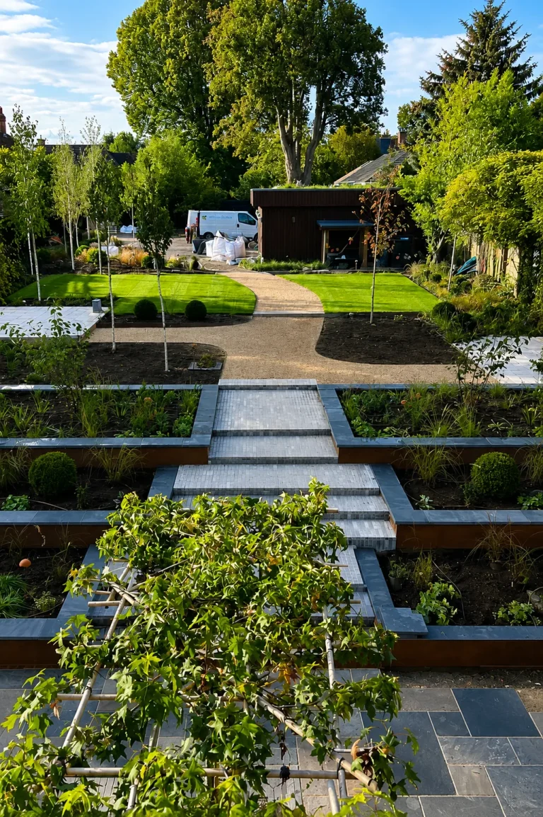 Tiered Surrey garden with lawn, planted beds and curved gravel path