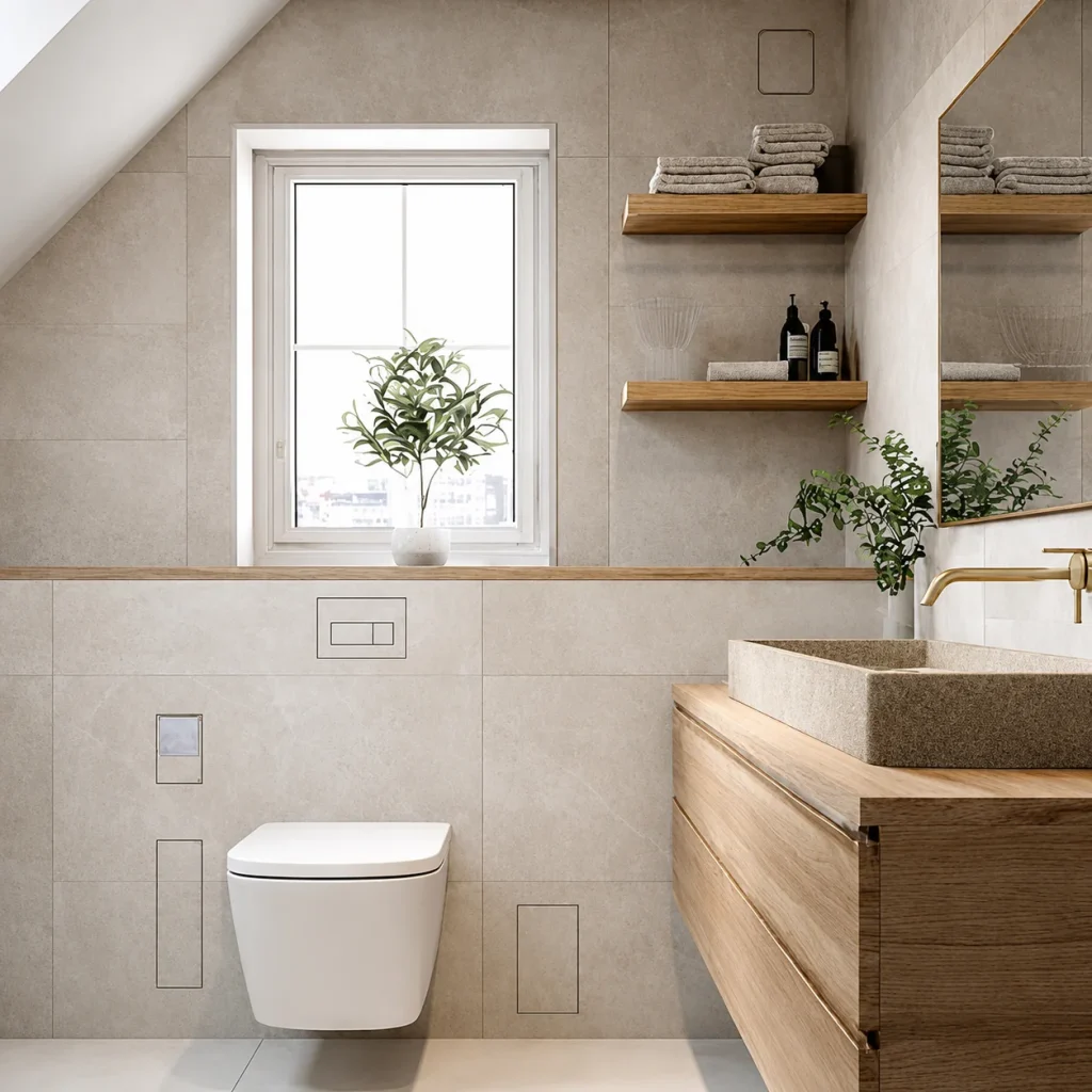 Beige tiled bathroom with wooden vanity showing multiple INTEGRA Prima products installed in the wall.
