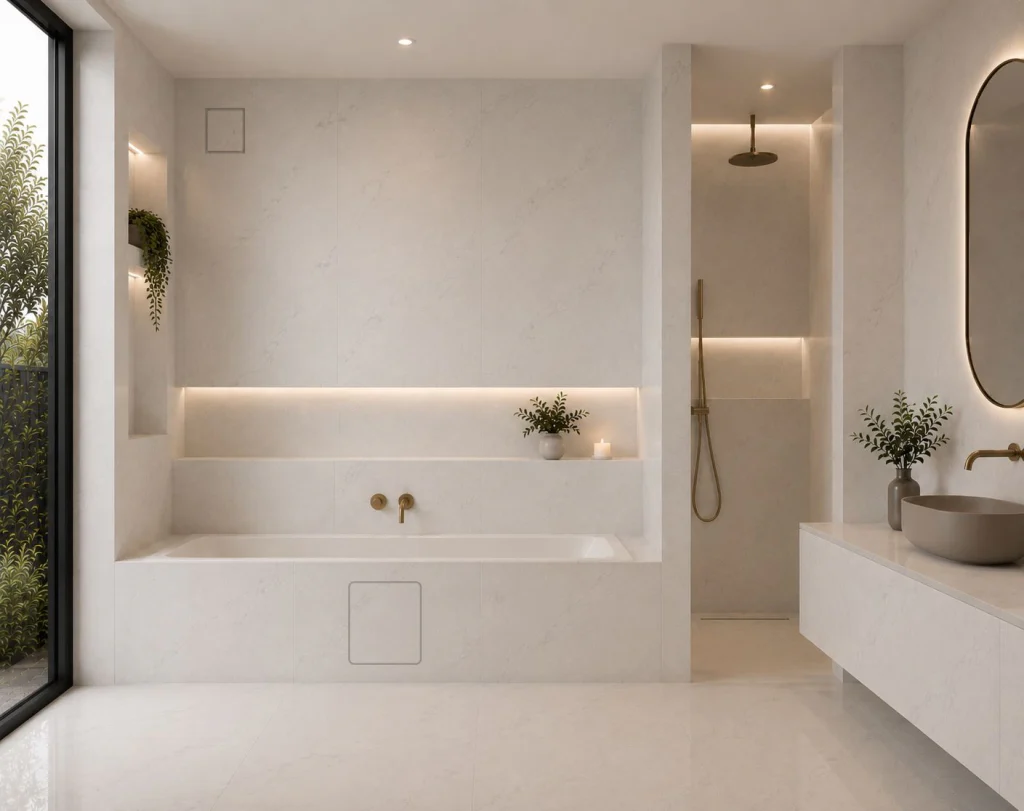 Completed bright bathroom showing Prima ACCESSUS integrated within the tiled bath panel.
