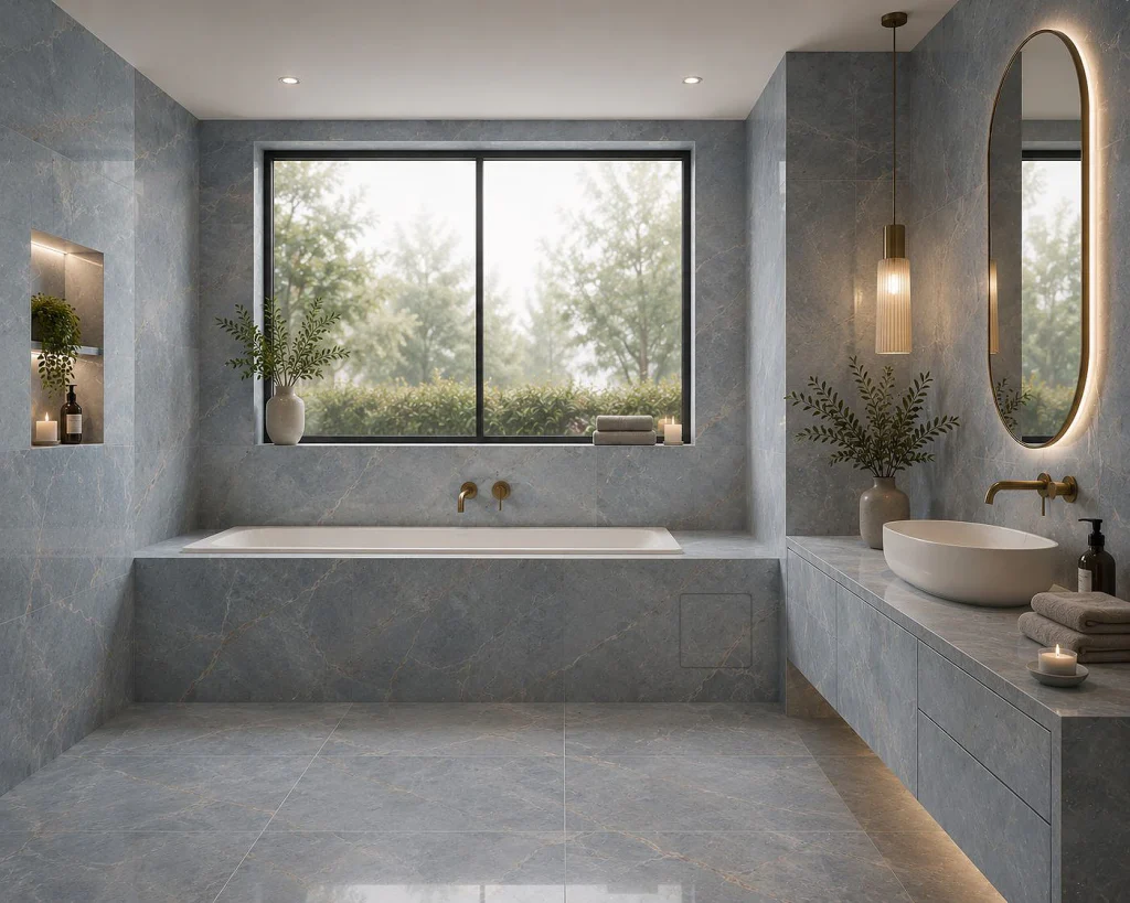 Completed blue tiled bathroom with Prima ACCESSUS access panel integrated into the wall finish.
