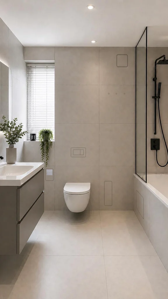 Completed bathroom with Prima FLUX integrated flush into the tiled wall near the WC.