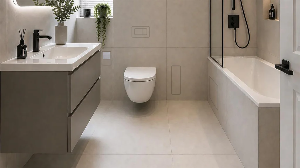Completed family bathroom with Prima ROTA toilet roll holder installed beside the WC.