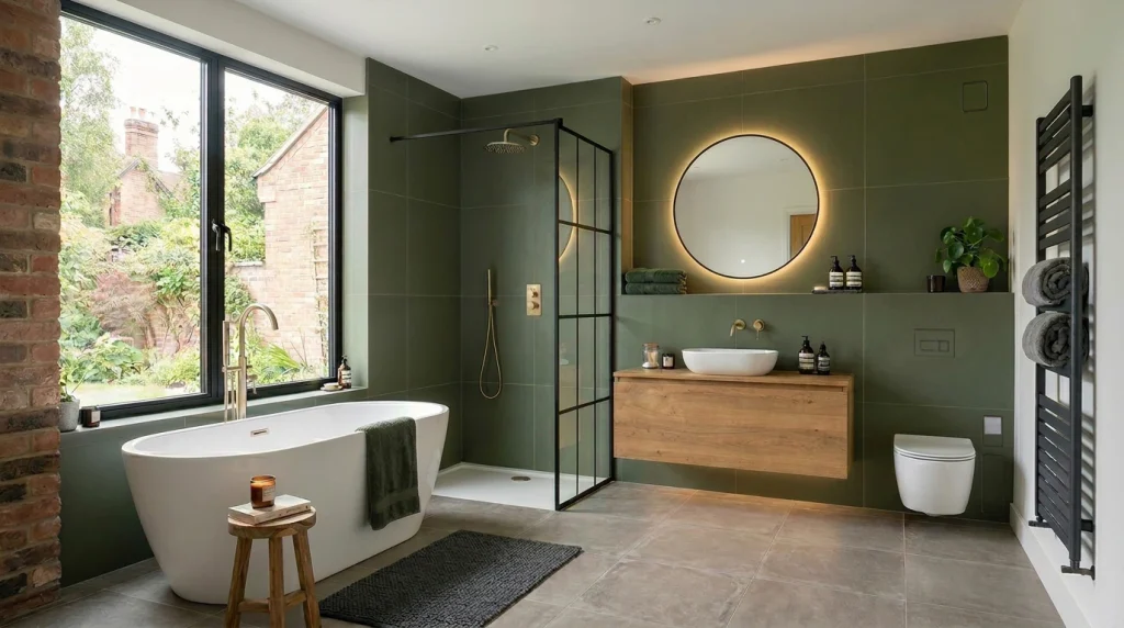 Finished tiled bathroom detail showing Prima PURA alongside INTEGRA Prima accessories.