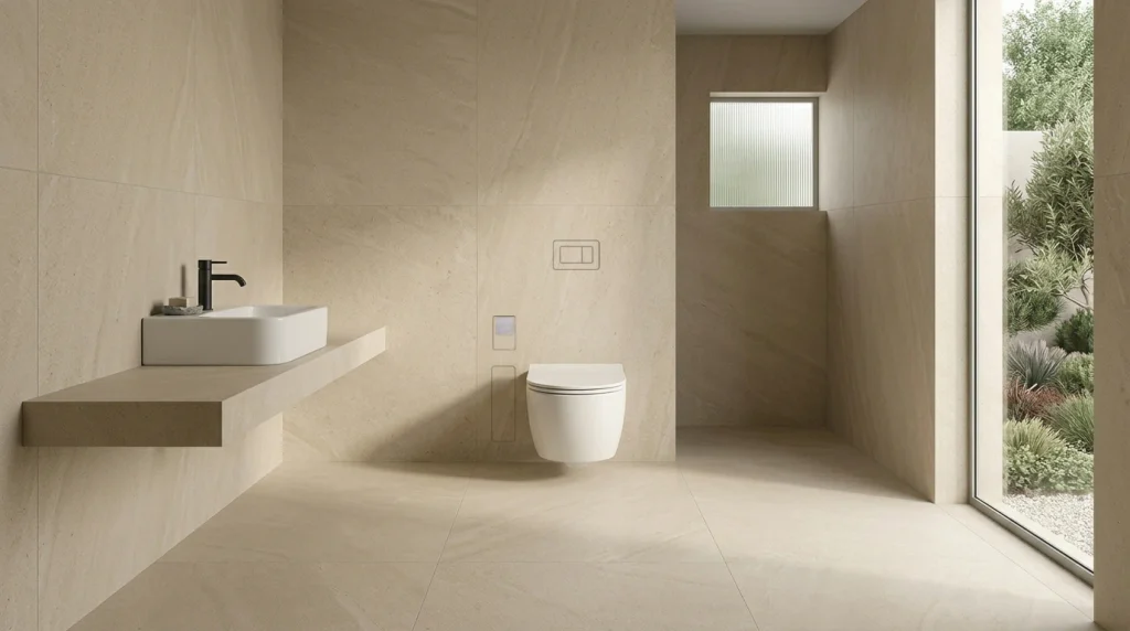 Minimal beige bathroom with Prima ROTA toilet roll holder recessed near the wall-hung WC.