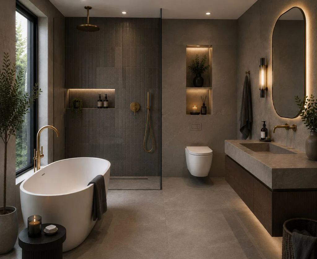 Completed tiled bathroom detail showing Prima FLUX installed as part of the finished wall.
