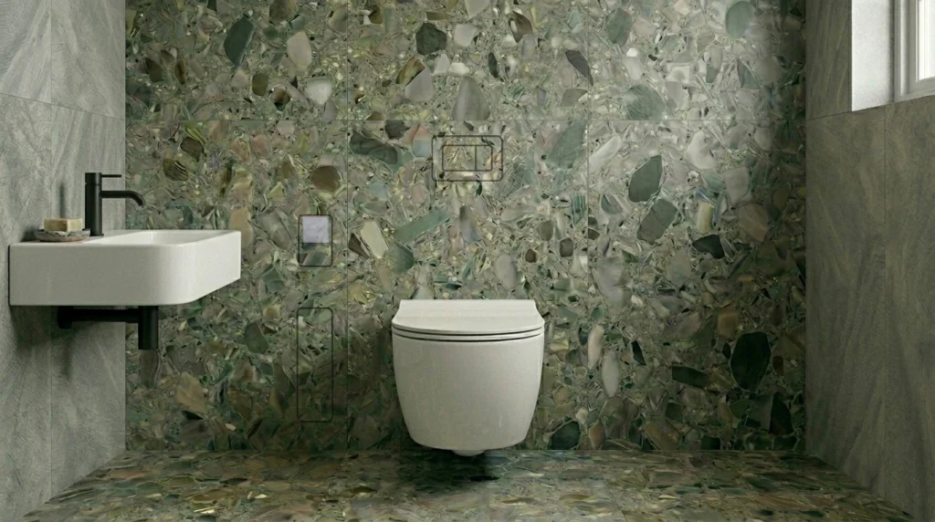 Completed toilet area with Prima ROTA toilet roll holder integrated into patterned green tiles.