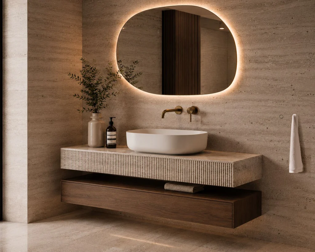 Completed neutral tiled bathroom vanity with Prima UNUS towel holder installed on the wall.