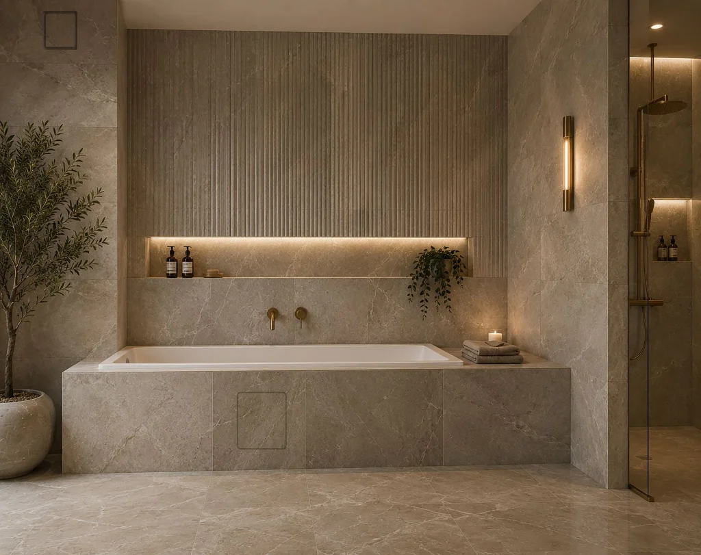 Completed marble-effect tiled bathroom with Prima VENTUS extractor fan integrated into the wall.