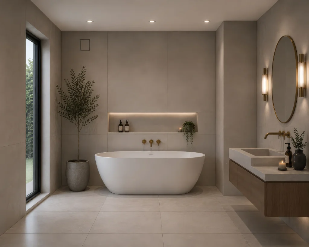 Completed neutral tiled bathroom with Prima VENTUS extractor fan installed above the bath.