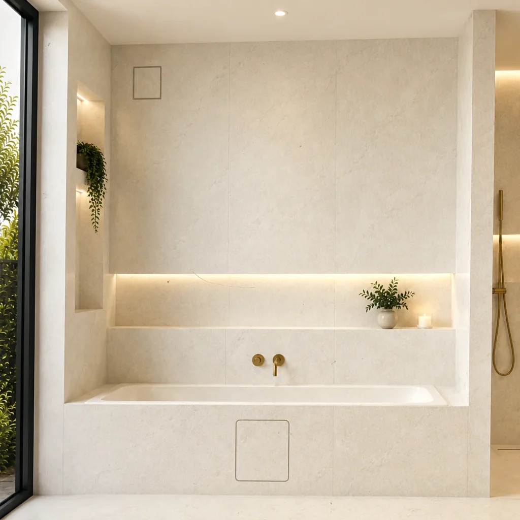 Bathroom finished in stone-effect tile with Prima ACCESSUS access panels concealed in the wall.