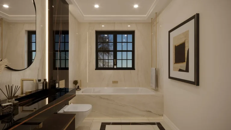 Large-format tiled bathroom with black vanity, bath surround, brass fittings and backlit mirror