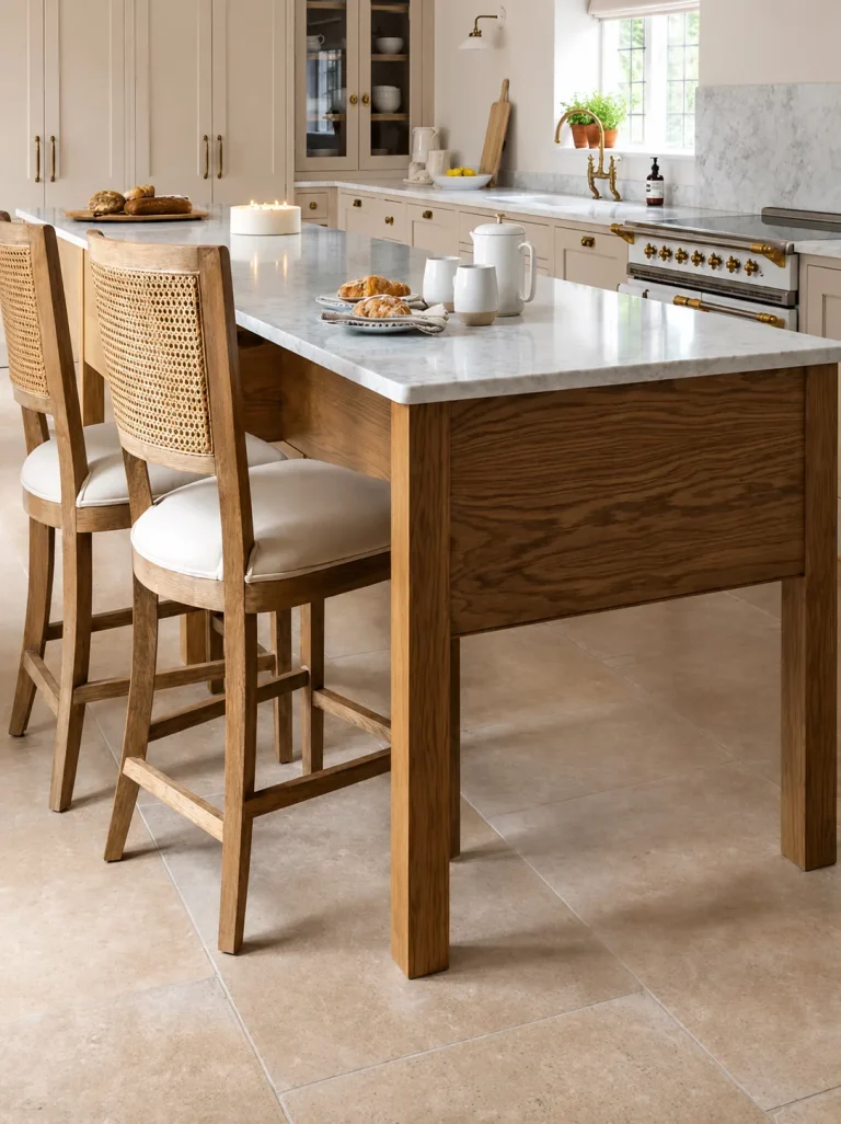 Period home kitchen island with marble worktop, limestone floor tiles and brass range cooker